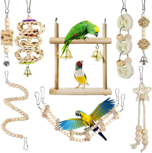 8 Packs Bird Toys Parrot Swing Toys, Chewing Hanging Bell Pet Birds Cage Toys Suitable for Small Parakeets, Conures, Love Birds, Cockatiels, Macaws, Finches