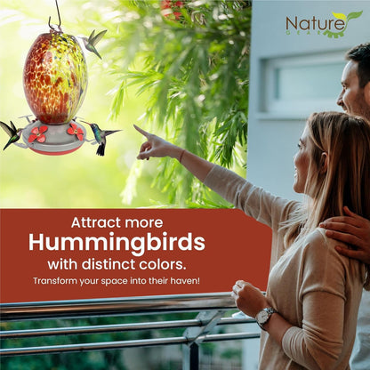 Updated Hummingbird and Orioles Feeder for Outdoors Hanging - Improved No Leak Best Ring Seal - Ant Proof Moat - Volcano Red Blown Glass and Flower Perch for Orioles - XL Nectar Food Base - Accessory