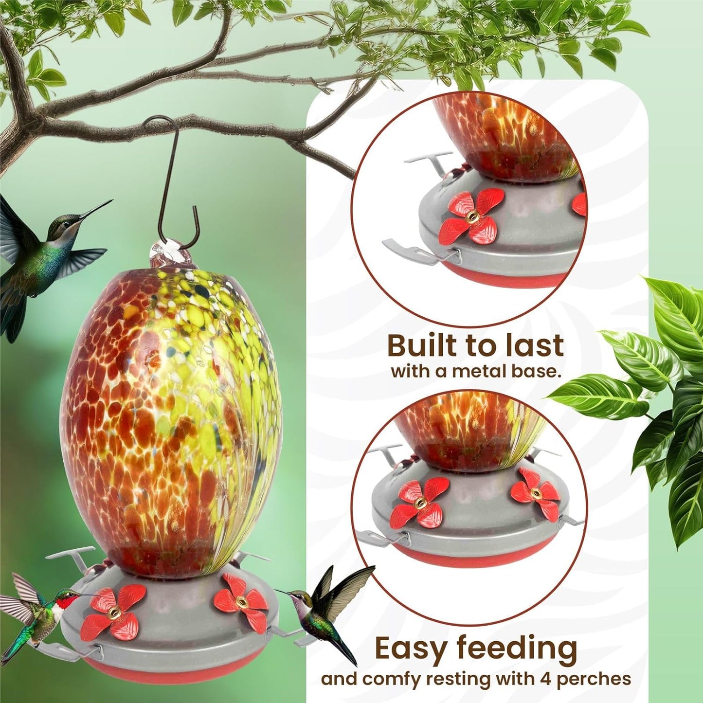 Updated Hummingbird and Orioles Feeder for Outdoors Hanging - Improved No Leak Best Ring Seal - Ant Proof Moat - Volcano Red Blown Glass and Flower Perch for Orioles - XL Nectar Food Base - Accessory