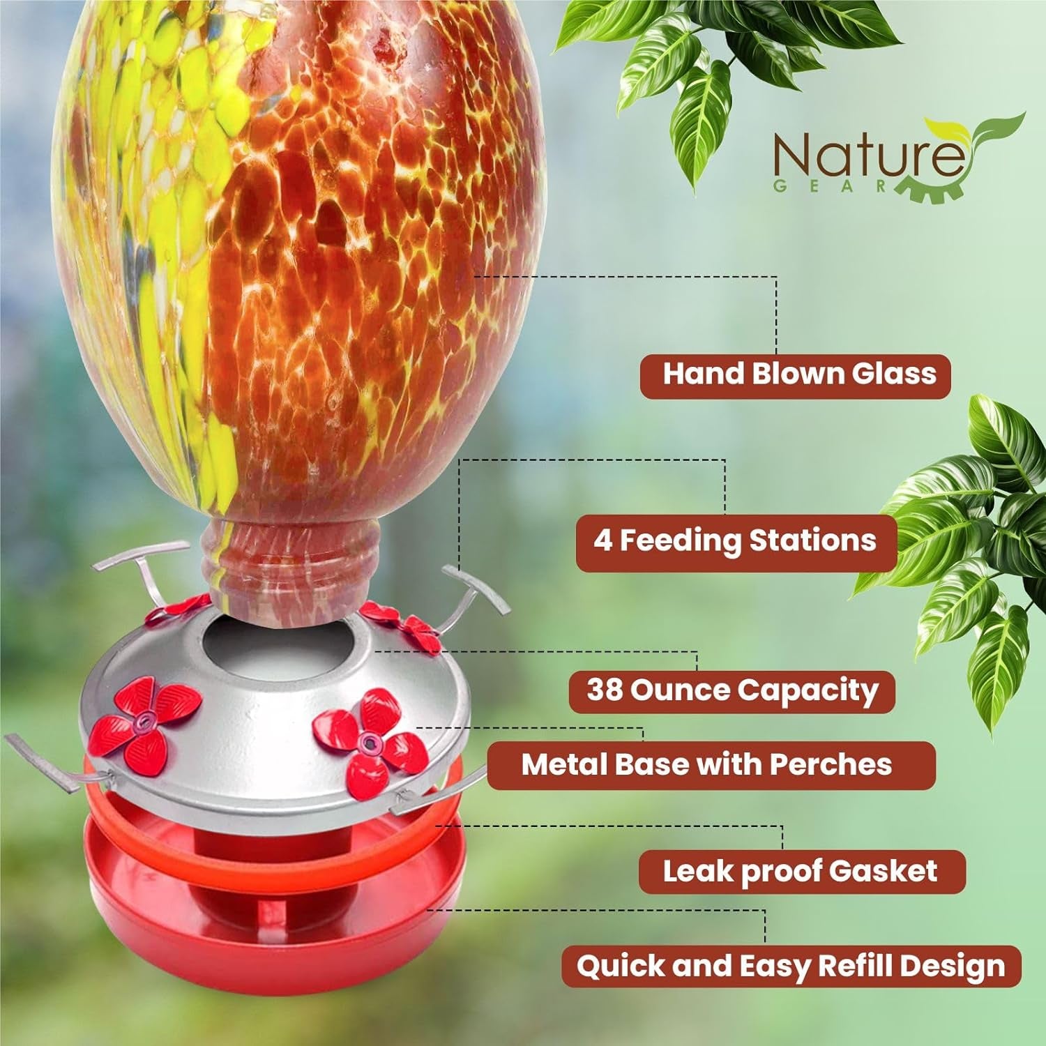 Updated Hummingbird and Orioles Feeder for Outdoors Hanging - Improved No Leak Best Ring Seal - Ant Proof Moat - Volcano Red Blown Glass and Flower Perch for Orioles - XL Nectar Food Base - Accessory