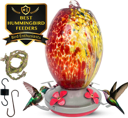 Updated Hummingbird and Orioles Feeder for Outdoors Hanging - Improved No Leak Best Ring Seal - Ant Proof Moat - Volcano Red Blown Glass and Flower Perch for Orioles - XL Nectar Food Base - Accessory