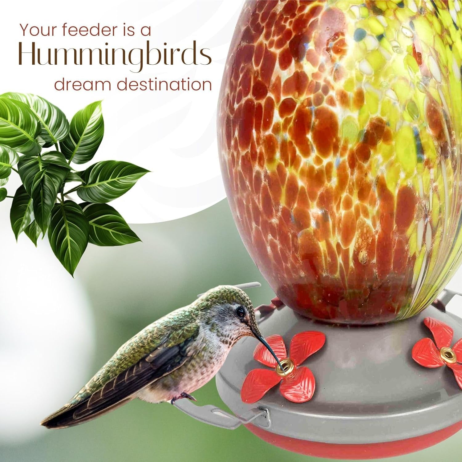 Updated Hummingbird and Orioles Feeder for Outdoors Hanging - Improved No Leak Best Ring Seal - Ant Proof Moat - Volcano Red Blown Glass and Flower Perch for Orioles - XL Nectar Food Base - Accessory