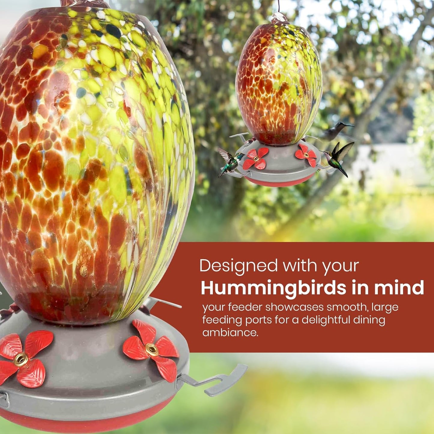 Updated Hummingbird and Orioles Feeder for Outdoors Hanging - Improved No Leak Best Ring Seal - Ant Proof Moat - Volcano Red Blown Glass and Flower Perch for Orioles - XL Nectar Food Base - Accessory