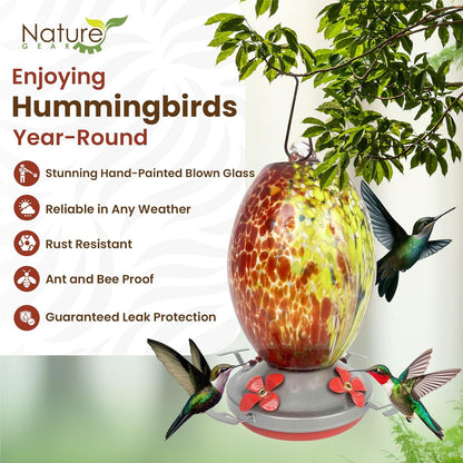 Updated Hummingbird and Orioles Feeder for Outdoors Hanging - Improved No Leak Best Ring Seal - Ant Proof Moat - Volcano Red Blown Glass and Flower Perch for Orioles - XL Nectar Food Base - Accessory